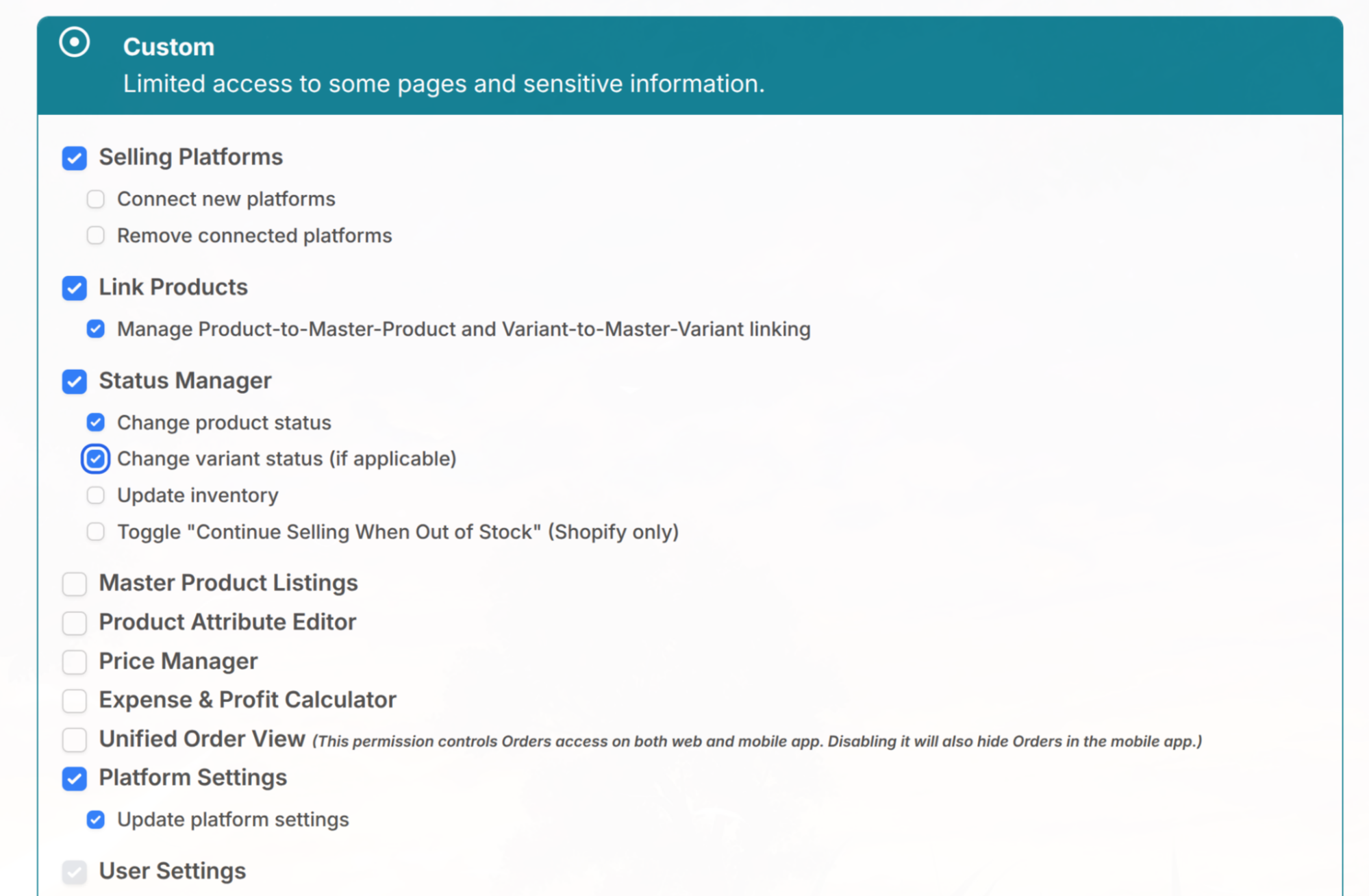Custom Permissions screenshot