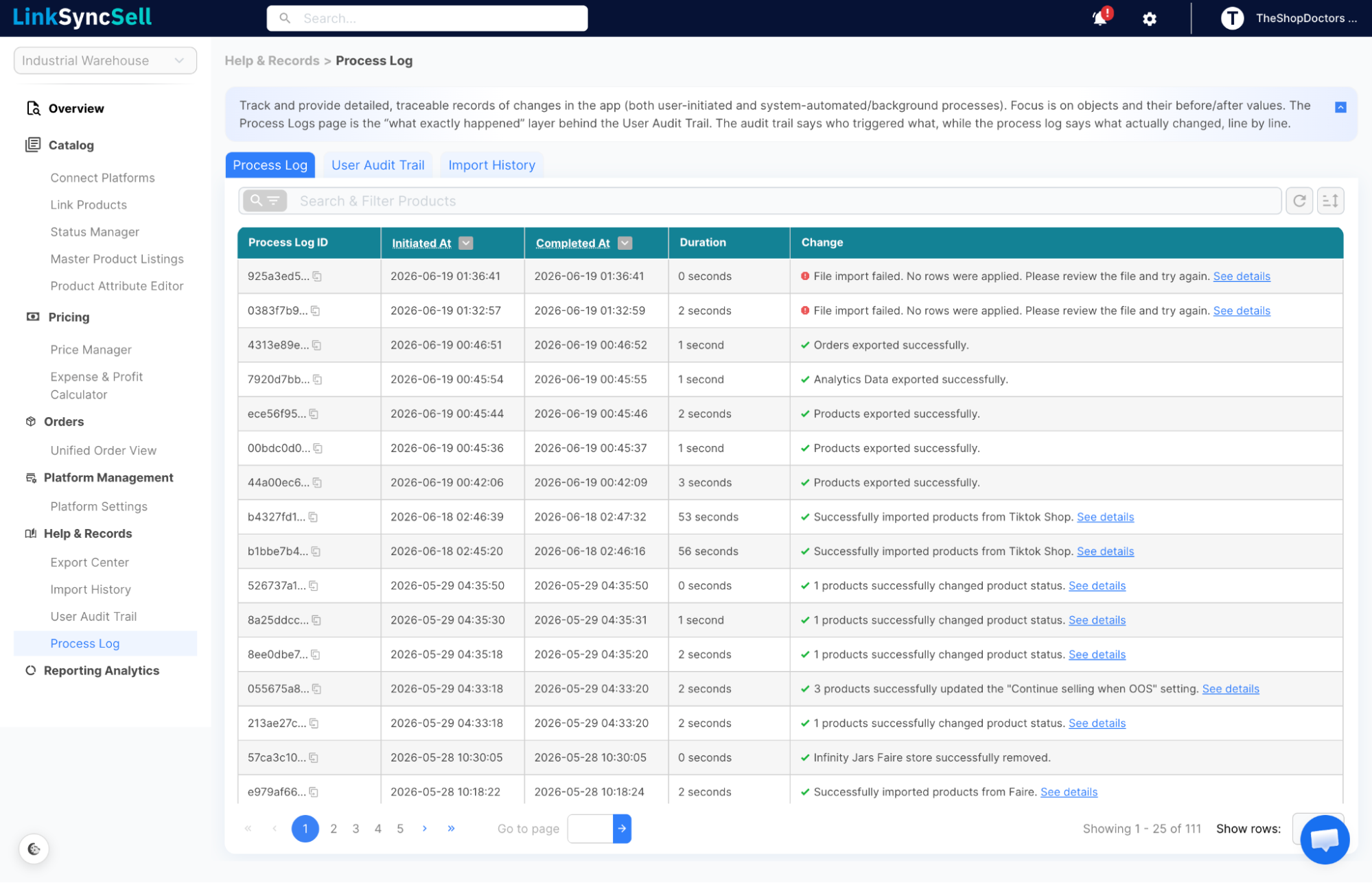 Process Log screenshot
