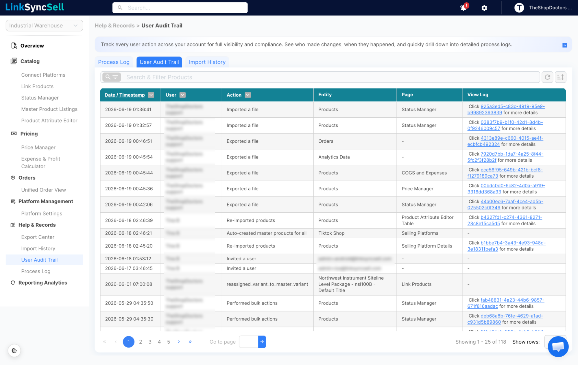 User Audit Trail screenshot